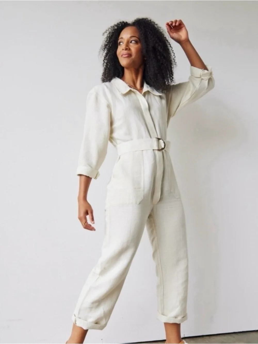 Able White Long Belted Trench Coat with Ring Detail
